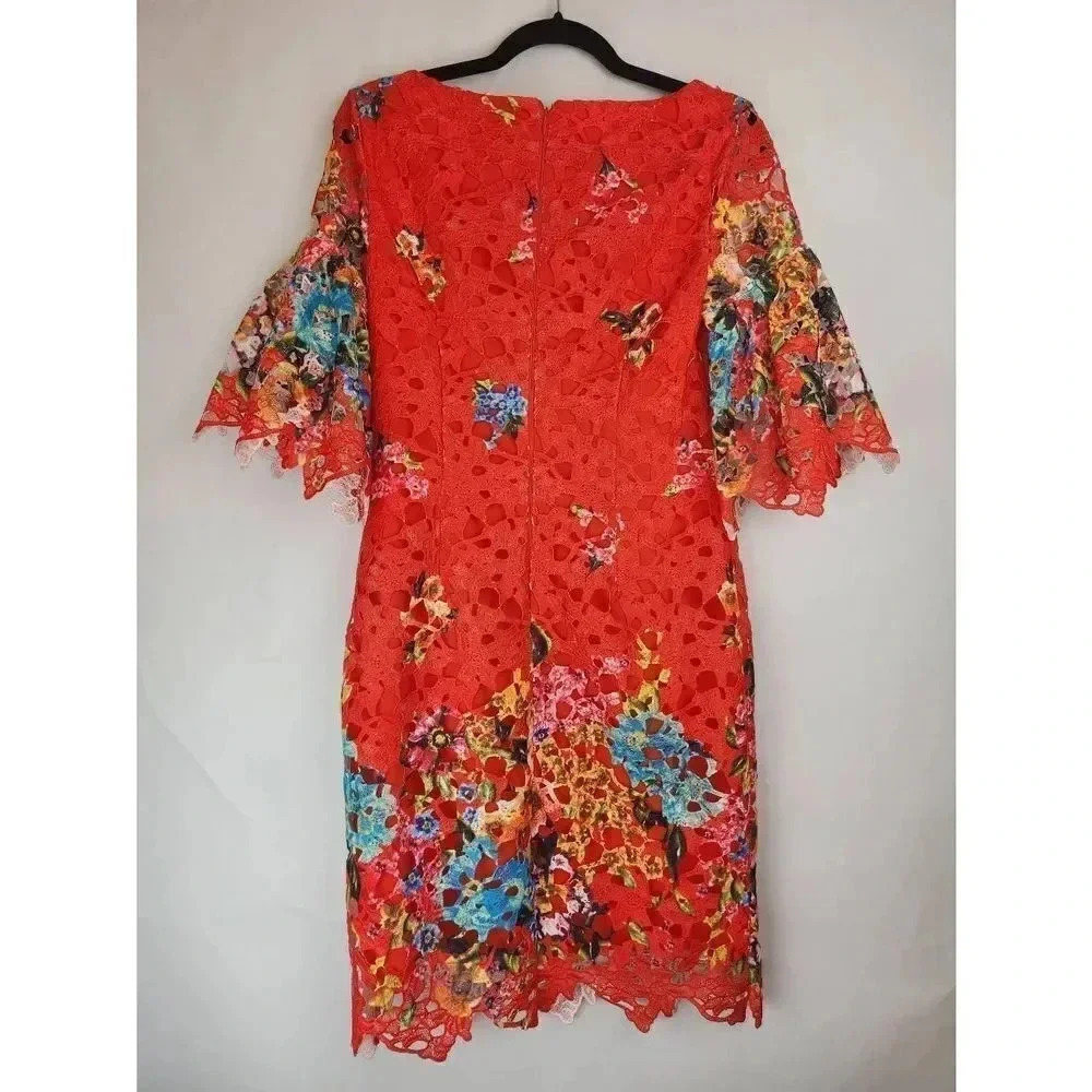 Bella Badgley Mischka Cynthia Red Floral Knee Length Dress Womens Size 4. - Picture 2 of 8